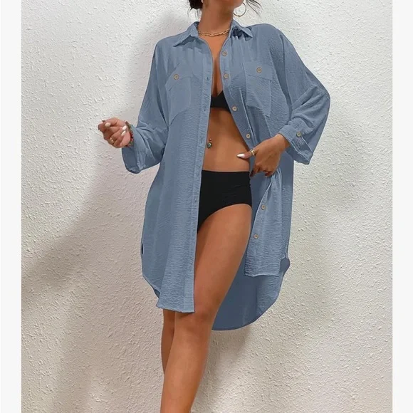 Blue Button-Up Swimsuit Cover-Up/Dress - Picture 5 of 10